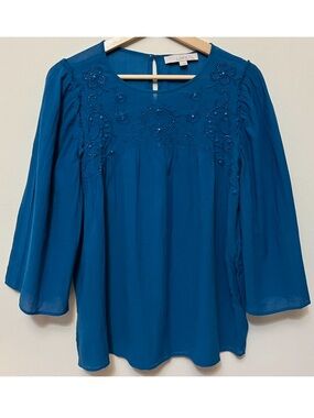 LOFT • M • Beaded Wide Half Sleeve Blue Peasant Blouse